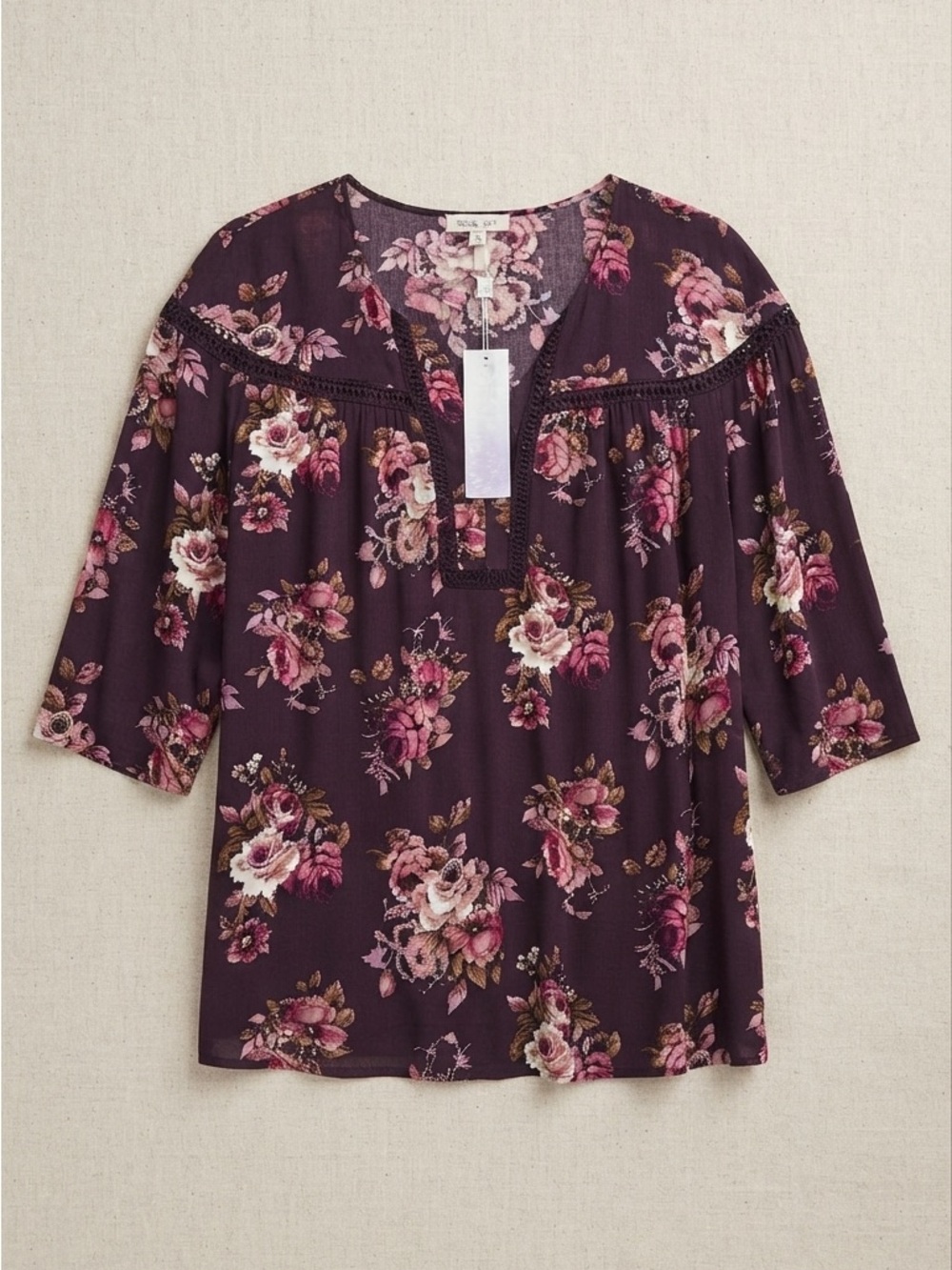 Floral Split-Neck Tunic Top in Plum